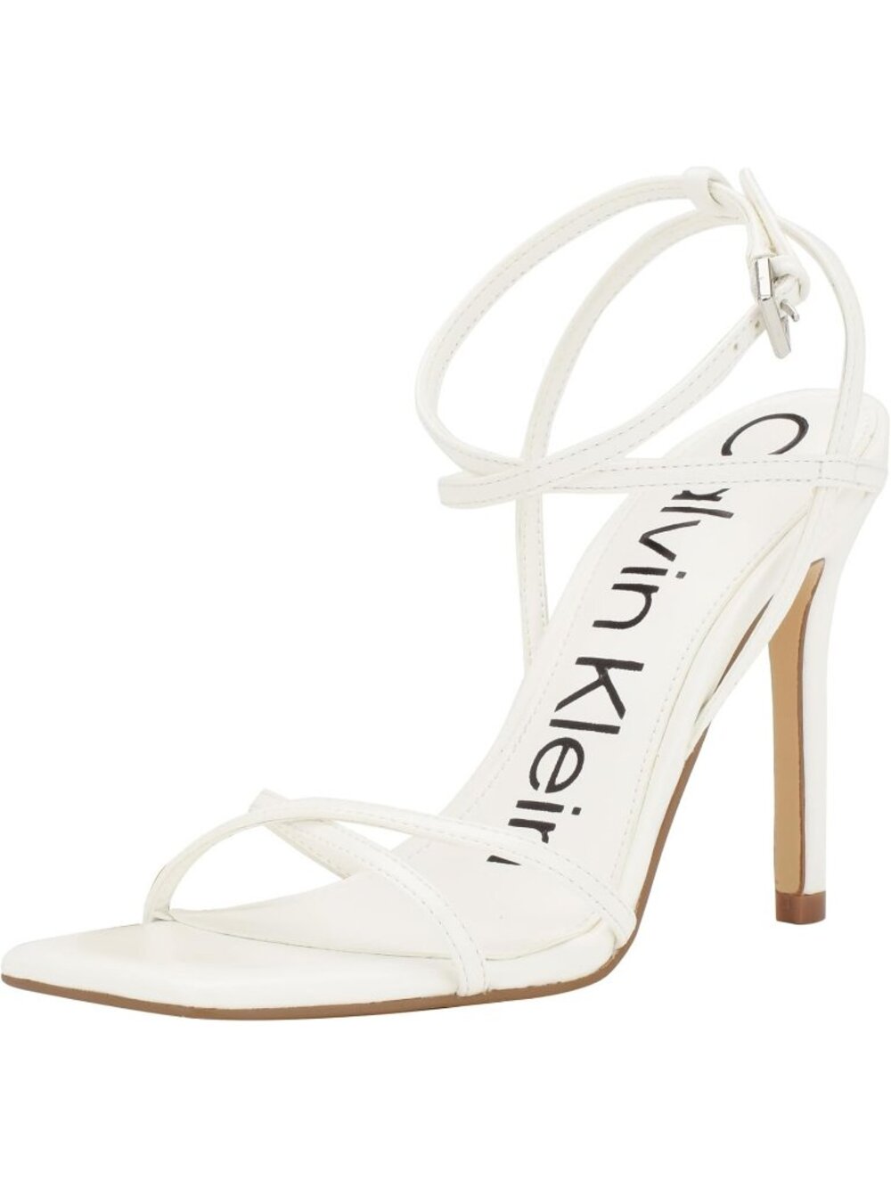 Women's White Square Open Toe Classic Stiletto Ankle Straps Heeled Sandals